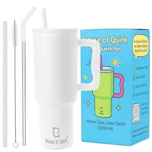 House of Quirk 1200ML Stainless Steel Tumbler with Handle & Lid, 2 Straws – Large Travel Mug Water Cup for Gym, Office & Outdoor Use (Coconut Cloud)