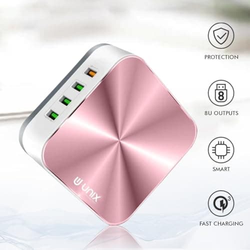 Unix UX-212 32W 8-Port USB Desktop Charging Station| Fast Multi Port Wall Charger with Type-C QC |10A Output | for iPhone 14/13/12, Samsung S22 Ultra,All USB Devices | Home & Office Use - Rosegold 4