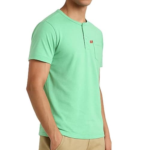 P3 Men's Coloured Henley T-Shirt | Pure Cotton | Half Sleeves | Regular FIT | Utility Front Pocket | Henley Collar | Mint Breeze Green (X-Large) 2