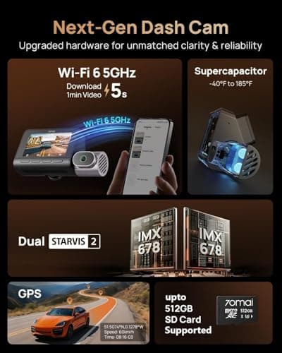 70mai 4K T800 3 Channel Dash Cam, Dash Cam Front and Rear Inside(2160P+2160P+1080P), STARVIS 2 IMX678, HDR Night Vision, WiFi 6, ADAS, Super-Capacitor, 24H Parking Mode, Upto 512GB Supported 4