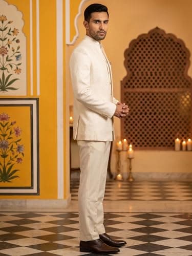 Jompers Cotton Blend Textured Indo-Western Set (White, M) 3