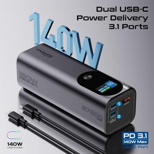 Promate 160W Laptop & Mobile Power Bank (27600mAh) | Smart TFT LCD Screen, USB-A QC 3.0, Dual Type-C Input/Output Ports, Over-Heating Protection | Power Bank for Laptop, iPhone and Android, Titan-160 4