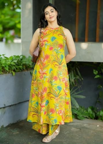 Klosia Nermosa Women Pure Cotton Kurta Palazzo Set | Sleeveless Printed Kurta with Palazzo Pants | Summer Friendly, Office Wear Co-Ord Set Yellow 4