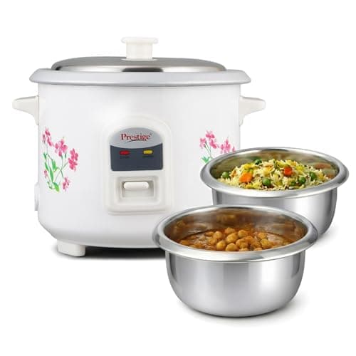 Prestige PRWO 0.6 L Electric Rice Cooker with 2 cooking pans|Detachable power cord|Durable body|Cool touch handles|White| Raw capacity-0.3L|Cooked capacity-0.6 L|Cooks for a family of 1 to 2 members