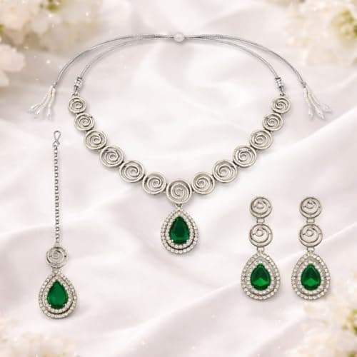 ACCESSHER Women's & Girls Silver-Tone Elegant Green Teardrop Pendant Necklace Set Latest Stylish Spiral Design Jewellery Set with Earrings Fancy Accessories For Wedding 4