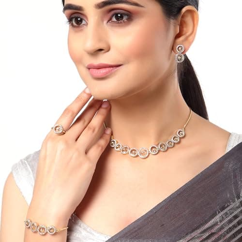 ZENEME Fashion Cubic Zirconia Gold Plated Choker Necklace Set Ring Bracelet With Earring Jewellery For Women Pack Of 4 (Gold) 4