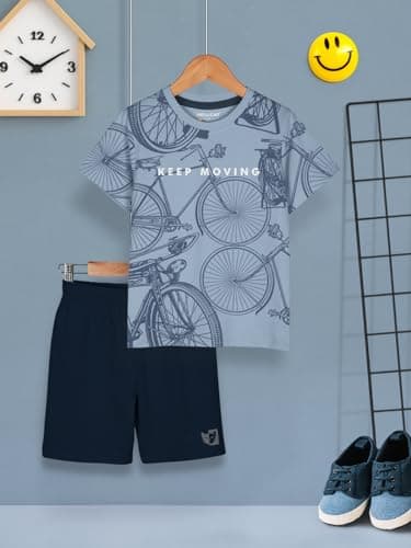 HELLCAT Boys Cotton Blend Printed Dress Clothing Set Combo with Tshirts & Shorts - Pack 1 Bluish Grey 9-10 Years 2