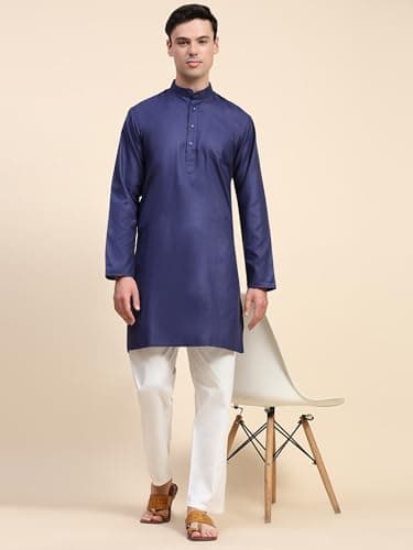 SKAVIJ Men's Casual Traditional Ethnic Straight Kurta Pyjama Regular Outfit Navy_Small 3
