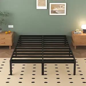 Lutown-Teen 14 Inch High 78x60 Queen Size Metal Platform Bed Frame with Under Bed Storage Space-(Powder Coated_Black)