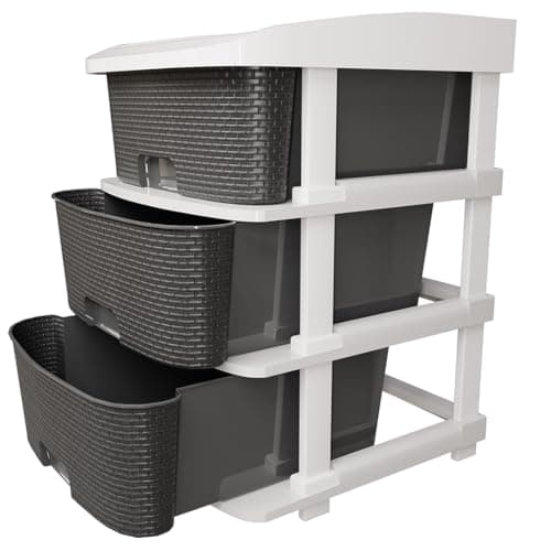 TEX-RO Plastic Modular Drawer Storage Chest of Drawers Organizer Storage Box | Large Stomo Racks for Multipurpose Organizers | Grey | 3 Layer