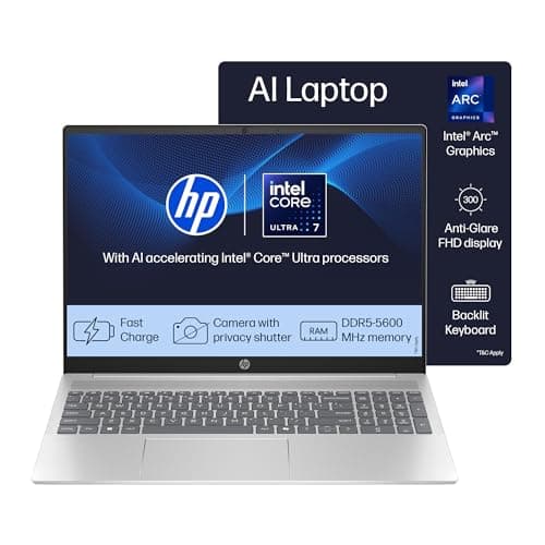 HP 14 AI, Intel Core Ultra 7 155H (16GB DDR5, 512GB SSD) FHD, Anti-Glare, 14"/35.6cm, Win11, Office21, Silver, 1.4kg, gr1023TU, Intel Arc Graphics, FHD Camera w/Shutter, Backlit Kb AI Powered Laptop