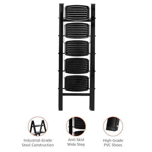 Amazon Basics Clamber Max - Non-Trip and Flat-Foldable Step Ladder, with Anti-Skid Steel Steps, 5 Steps (Steel, Matte Black) 2