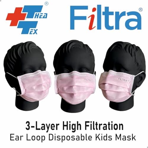 Filtra® 3-Ply Ear Loop Kids Mask | Ages 3-18 | Kids Mask | Children's Mask | Ladies Mask | High Filtration | New extra tough courier packing | Box of 50 Masks (Pink) 5