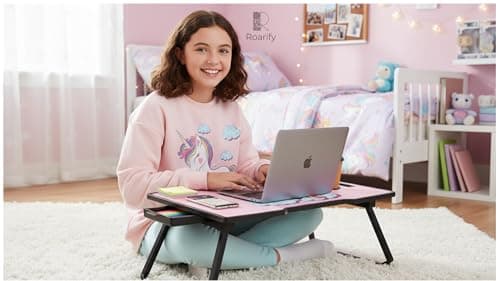 ROARIFY Foldable Wooden Mini Laptop Table for Bed & Study | Portable Laptop Desk with Drawer & Mobile Holder | Multipurpose Study Table for Kids & Adults (Unicorn) 3