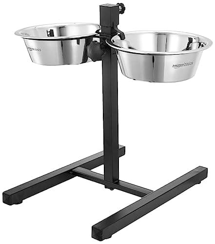 Amazon Basics Adjustable Double Diner for Food and Water for Dog & Cat | 1500 Ml x 2| with H-Base and Two Removable Stainless Steel Bowls | LxWxH - 44.9 Cm X 26.5 Cm X 42.5 Cm, Medium, Small