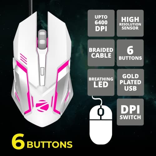 ZEBRONICS Transformer USB Gaming Keyboard & Mouse Combo,Braided Cable,Durable Al Body,Multimedia Keys & Gaming Mouse with 6 Buttons,Multi-Color LED Lights,High-Resolution Sensor with 3200 DPI(White) 4