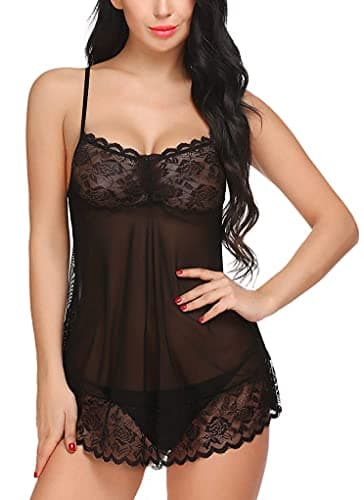 Xs and Os Women's Lace Nightwear Babydoll Lingerie Mini Nightie With Panty (Black, X-Large) 2