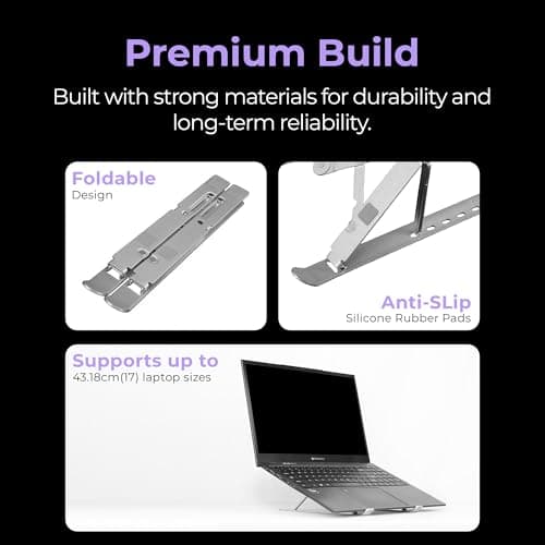Zebronics NS2000 Plus Laptop Stand, Supports Up to 17-Inch Laptops, 5kg Load Capacity, 7-Level Adjustable Height, Ergonomic Foldable Design, Anti-Slip Silicone Pads (Silver) 3