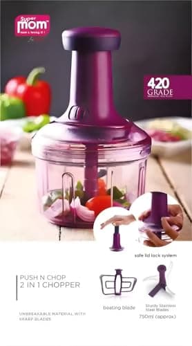 Super Mom TRINGO 6-Blade Hand Press Food Chopper – Effortless Manual Push Vegetable Cutter & Fruit Slicer with Whisking Blade | Heavy Duty Mincer for Onions, Nuts & Herbs | BPA-Free Dicer (Multicolor) 5