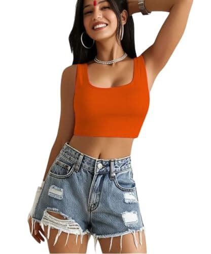 SoHot Women’s Stylish Ribbed Sleeveless Lycra Stretchable Readymade Crop Tank Top Cami Blouse for Girls 2SS7 1044 3XL ORG Orange 5