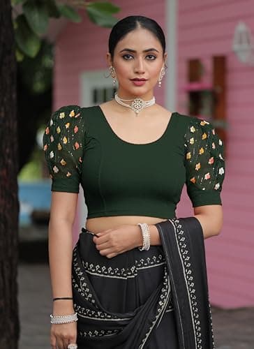 Amazon Brand - Anarva Round Neck Lycra Stretchable Puffed Elbow Sleeve Readymade Saree Blouse for Women Stylish (roli-Bottle-Green-Blouse-l) 2