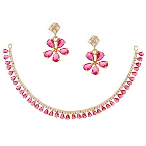 ZENEME Gold Plated American Diamond Necklace with Earrings Jewellery for Women & Girls (Pink)