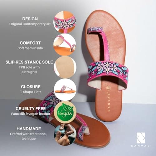 Kanvas Kolhapuri Chappal for Women - Flat Sandals - Ethnic Slippers - Stylish Slip-on - Comfortable - Traditional Footwear - Pink Floral Digital Art Design 2