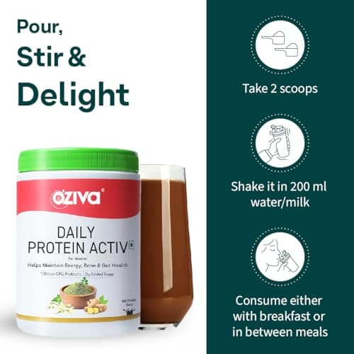 OZiva Daily Protein Activ for Women | Best Protein Powder for Women with 120g Protein, Probiotics, Shatavari for Increased Energy Levels, Bone Health and Hormonal Balance 300g (Chocolate, Pack 1) 6