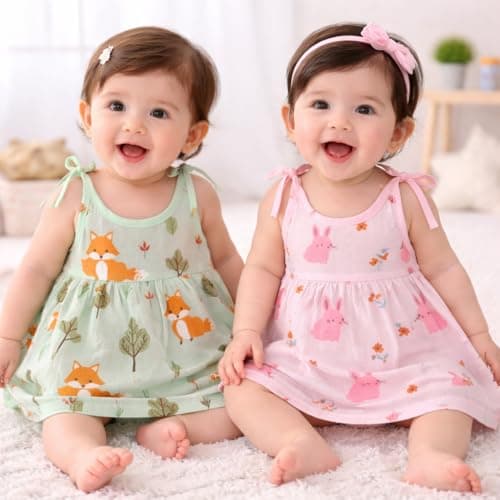 100% Muslin Cotton Newborn Baby Girl Muslin Pack of 2 | Adjustable Knot Style Dyed Print Muslin Dress For Baby Girls | Soft, Breathable & Comfortable Dresses | Ideal for Daily Wear | Assorted 2