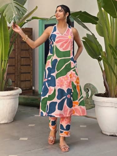 Amazon Brand - Anarva Women's Pure Cotton Sleeveless Hand Block Printed Relaxed Fit Kurta with Pant (tl-Prisha-Multicolor-Large) 3