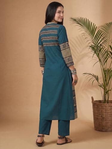 INDO ERA Women's Red Cotton Blend Solid Solid Straight Fusion Kurta & Pant with Dupatta Set 3