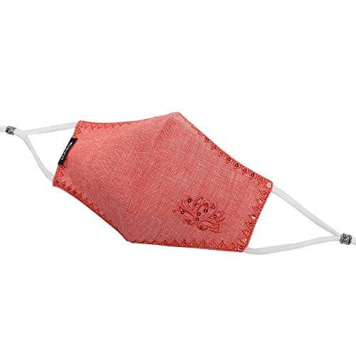 MASQ Lotus 4 Layer, Reusable, with Ear Adjusters, Anti-Bacterial BFE>99% Embroidered Linen Cloth Face Mask Combo for Women (Large, White-Red-Beige, Pack of 3)., Linen, Without Valve 5