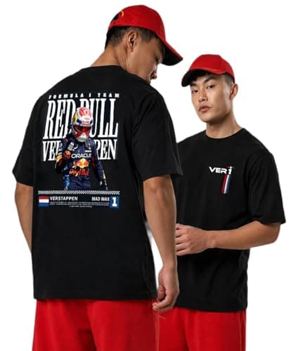 THE SOUTH STORE Mens Black Half Sleeve Drop Shoulder Graphic Printed T-Shirt | F1 Inspired Motorsport T Shirt for Men | Max Verstappen Simply Lovely Racing Tee | Formula 1 Streetwear