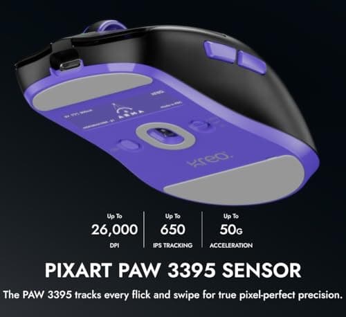 Kreo High Performance Wireless Gaming Mouse, 4k Polling Rate, Pixart 3395 Sensor, 26,000 DPI,100+ Hr Battery, 4000Hz Polling Rate, Lightstrike Optical Switches, Ergonomic Design (Arma, Black) 3