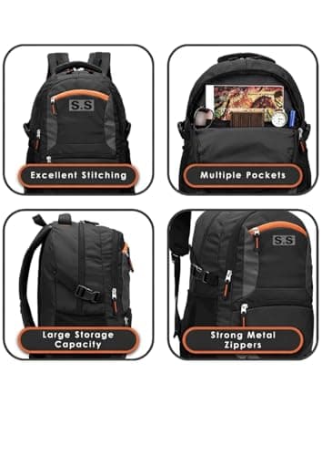 SS Large Laptop Backpack for Boys & Girls – Spacious School & College Bag with Rain Cover, Reflective Safety Strip, Multiple Compartments, Durable Water-Resistant Fabric (35L, Black) 3