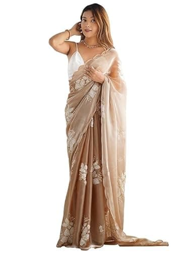 Flosive Women's Shimmer Organza Sequence Embroidery Saree With Unstitched Blouse Piece (CREAM)