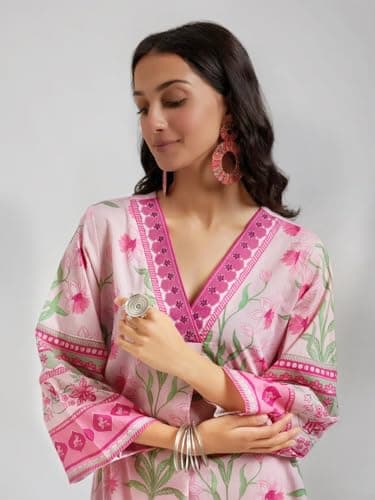 Amazon Brand - Anarva Women’s Pure Cotton Kurta with Palazzo Set | Floral Print Ethnic Wear | Comfortable Two Piece Outfit for Office Casual and Daily Use (Carmi-Pink-XL-re) 3