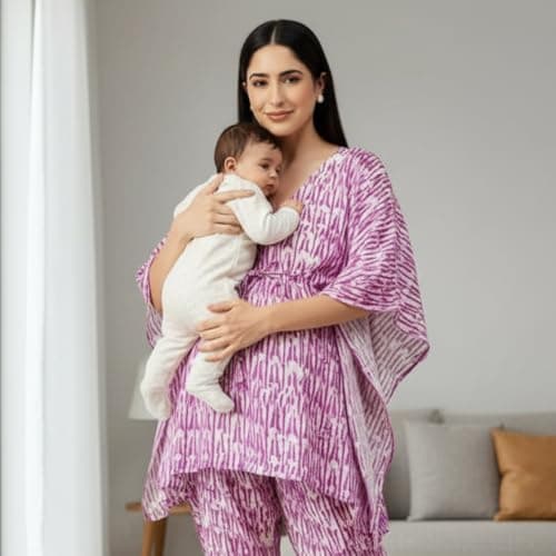 Aaheli Women’s Rayon Printed Maternity Co-ord Set | V-Neck Kaftan Top with Adjustable Waist & Easy Nursing Access | Soft Pregnancy Wear with Elastic Pants | Magenta, XXL 2