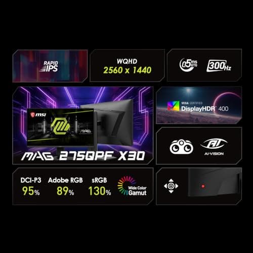 MSI MAG 275QPF X30 27-Inch WQHD Gaming Monitor, 2560x1440 Rapid IPS, 300Hz, 0.5ms, DisplayHDR 400, AMD FreeSync Premium, AI Vision, HDMI 2.1, DP 1.4a, Frame-Less, Tilt/Height Adjustable, Black 5