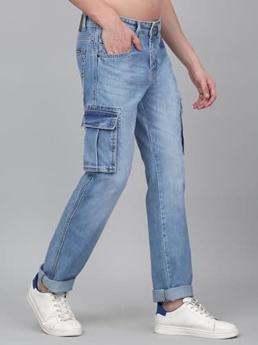 Cantabil Light-Blue Men Solid Full Length Regular Fit Denim Cargo Pant | Casual Denim Cargo Pant for Men | Denim Cargo Pant for Men (MCRG00011_LTHILLIUM_32) 3