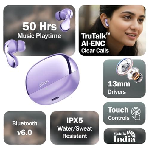 pTron Bassbuds Tango in-Ear TWS Ear Buds w/Custom EQ, 50hrs Playtime, Pristine Sound, Dual Mic, TruTalk ENC Calls, Mobile App, Wireless Bluetooth V6.0, Touch Controls, Type-C Charging, IPX5 (Lilac) 2