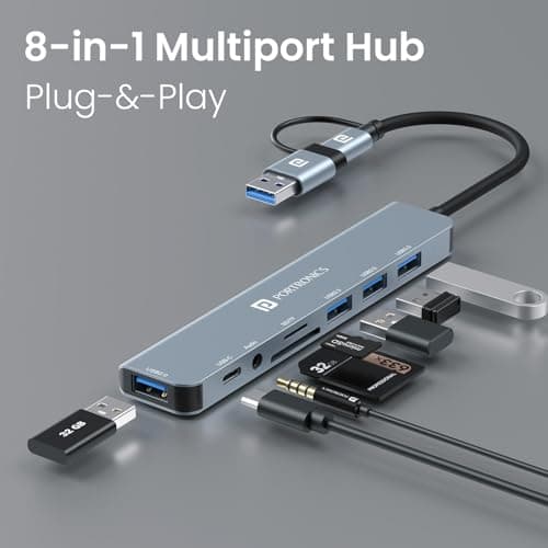 Portronics Mport 8 Plus Dual Plug 8-in-1 Docking Station/Hub with AUX, USB 3.0, microSD/SD Card Reader, Type-C Data, USB 2.0, Type-C and USB Plug for Laptop, Mac, PC (Grey) 2