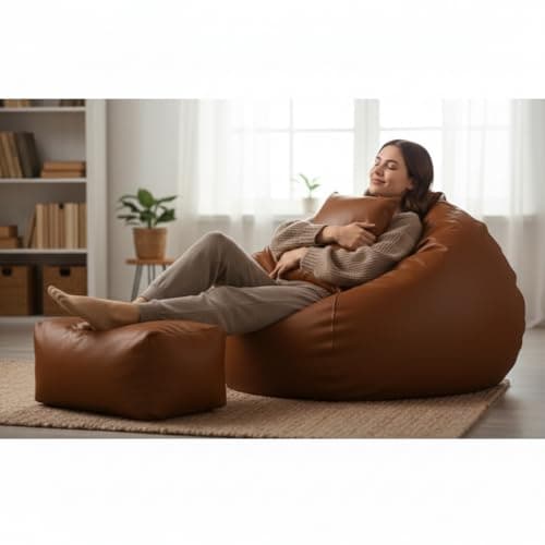 GIGLICK Luxury 5XL Jumbo Bean Bag with Footrest & Cushion | Premium Leatherette | High-Density Beans Filled | Heavy Duty Double Stitch | 6 Months Warranty Color- (Navy Blue) (TAN) 3