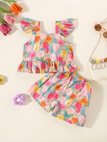 SKYCARRY Ages 1 to 6 Years Girls Cotton Dress Two Piece Floral Print Kids Clothes Ruffle Square Neck Top and Shorts Set Summer Beach Western Outfit for Girl Toddler Clothing Sets 3
