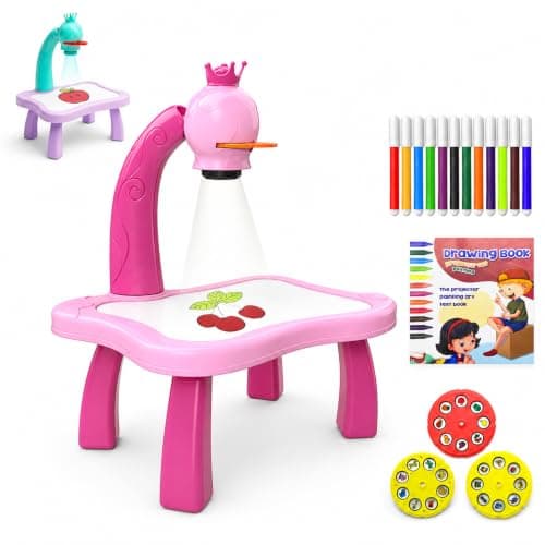 VGRASSP Creative Drawing Projection Table Toy Set for Kids with 12 Color Markers - Educational Tracing Learning Projector Desk with 3 Slides and Art Book for Boys and Girls - Color As Per Stock
