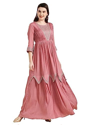 madhuram textiles Women Chinon Chiffon Traditional Ethnic Long Western Dress with Embroidery Work Long Kurta(M-2361) (in, Alpha, XL, Regular, Pink)