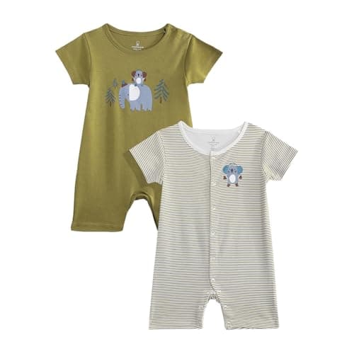 Mothercare Unisex Cozy Animals Printed Short Sleeve Rompers - Pack of 2 - Green