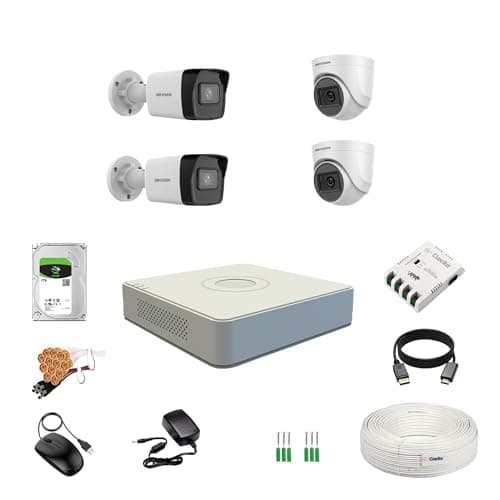 HIKVISION 2MP 1080P 4 Channel DVR, 2MP 2 Dome & 2 Bullet Cameras [Night Vision + EXIR Technology + Motion Detection + HDTVI] + 1 TB HDD + 4 CH SMPS + CCTV Cable + BNC/DC