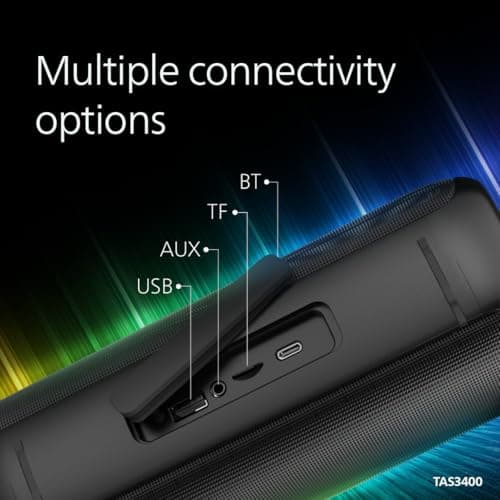 Philips TAS3400BK Portable Bluetooth Speaker with 40W Output, 4000mAh Battery, Stereo Sound, Bluetooth v5.3, IPX5 Sweatproof, RGB Light Modes, Mesh Build, AUX/TF/USB Support w/Hanging Strap (Black) 3