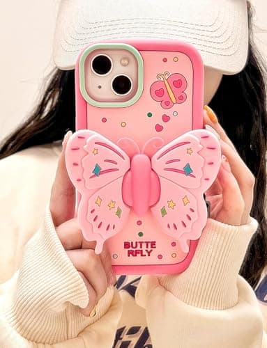 Case Creation 3D Wings Pop Butterfly Phone Case For iPhone 11/12/13/14/15/16/17 Pro Max Air Plus, Pink Cute Glam Aesthetic Back Cover With Built-in Grip Phone Stand For Girls Women (iPhone 17 Pro Max) 2